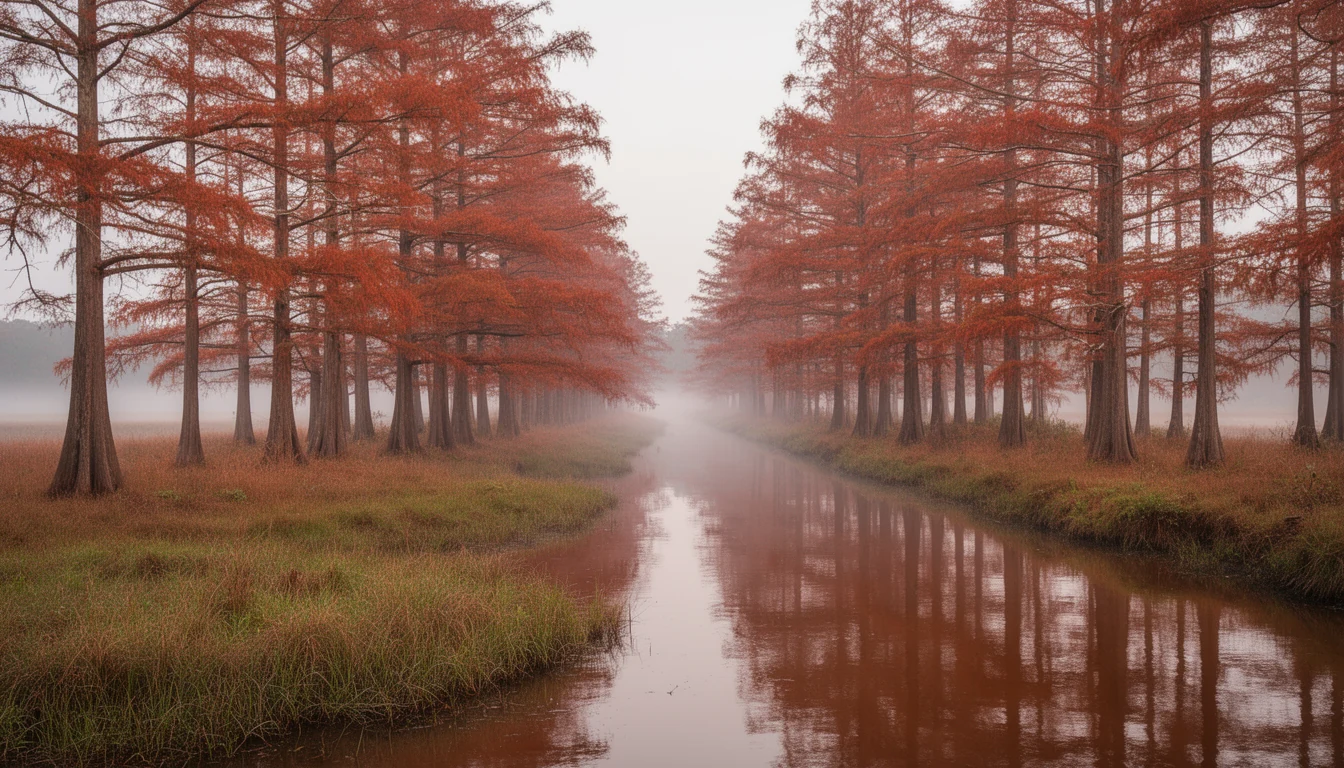 Cypress and marsh grass along the Dismal Swamp Canal near South Mills, North Carolina, in late October light